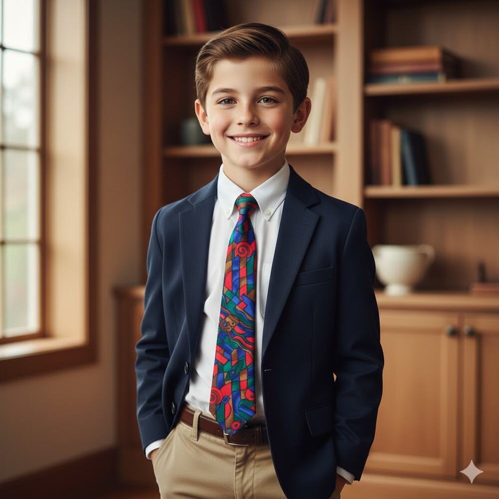 Beau Ties Amherst NH Boys Necktie Blue Red Geometric Silk Tie Ages 7-10 45" Gift